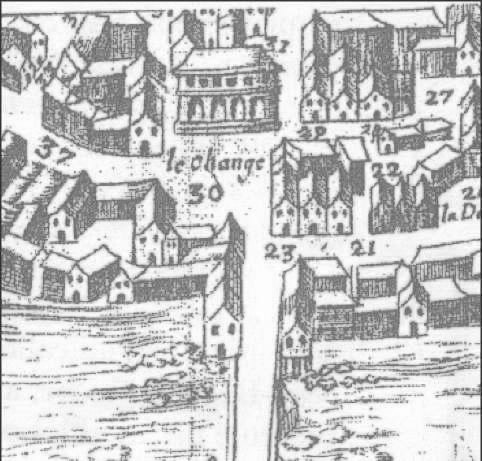 La première Loge construite à l'emplacement de la Maison ronde, telle qu'elle figure sur un plan de Lyon de 1658